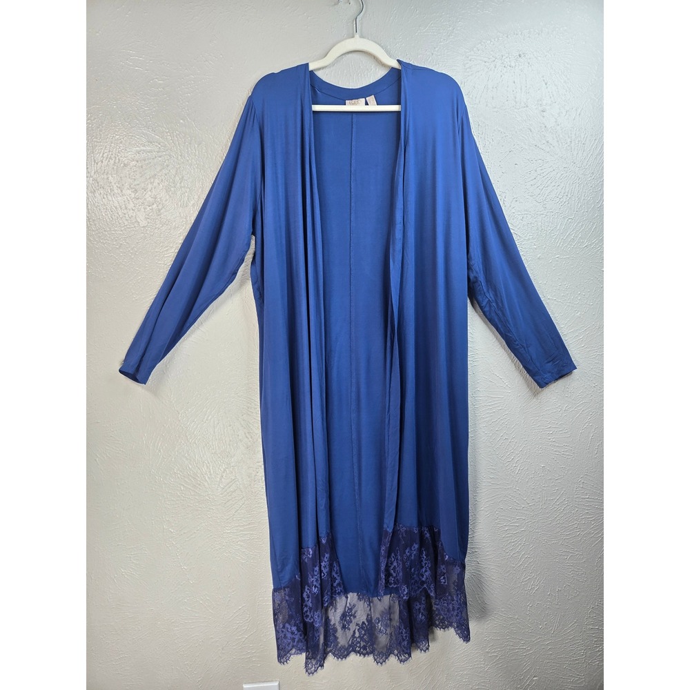 LOGO Lavish Lori Goldstein Lace Trim Duster Cardigan 1X Blue Rayon Open Front